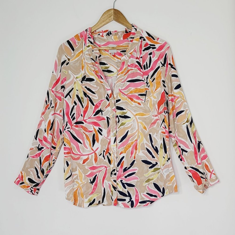 Nic+Zoe Long Sleeve Blouse Shirt Top Multicolor Leaf Print Notch Neck Stretch M
